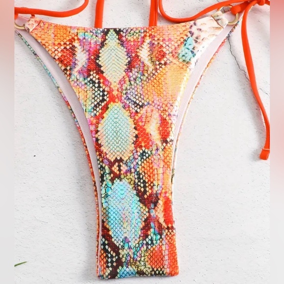 Orange Snakeskin Print Halter Tie Side Bikini Set - Picture 4 of 6